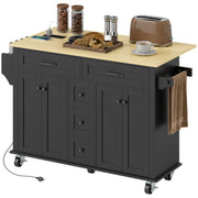 55" Rolling Kitchen Island with Power Outlet & Drop Leaf - Black-DECOROLALA