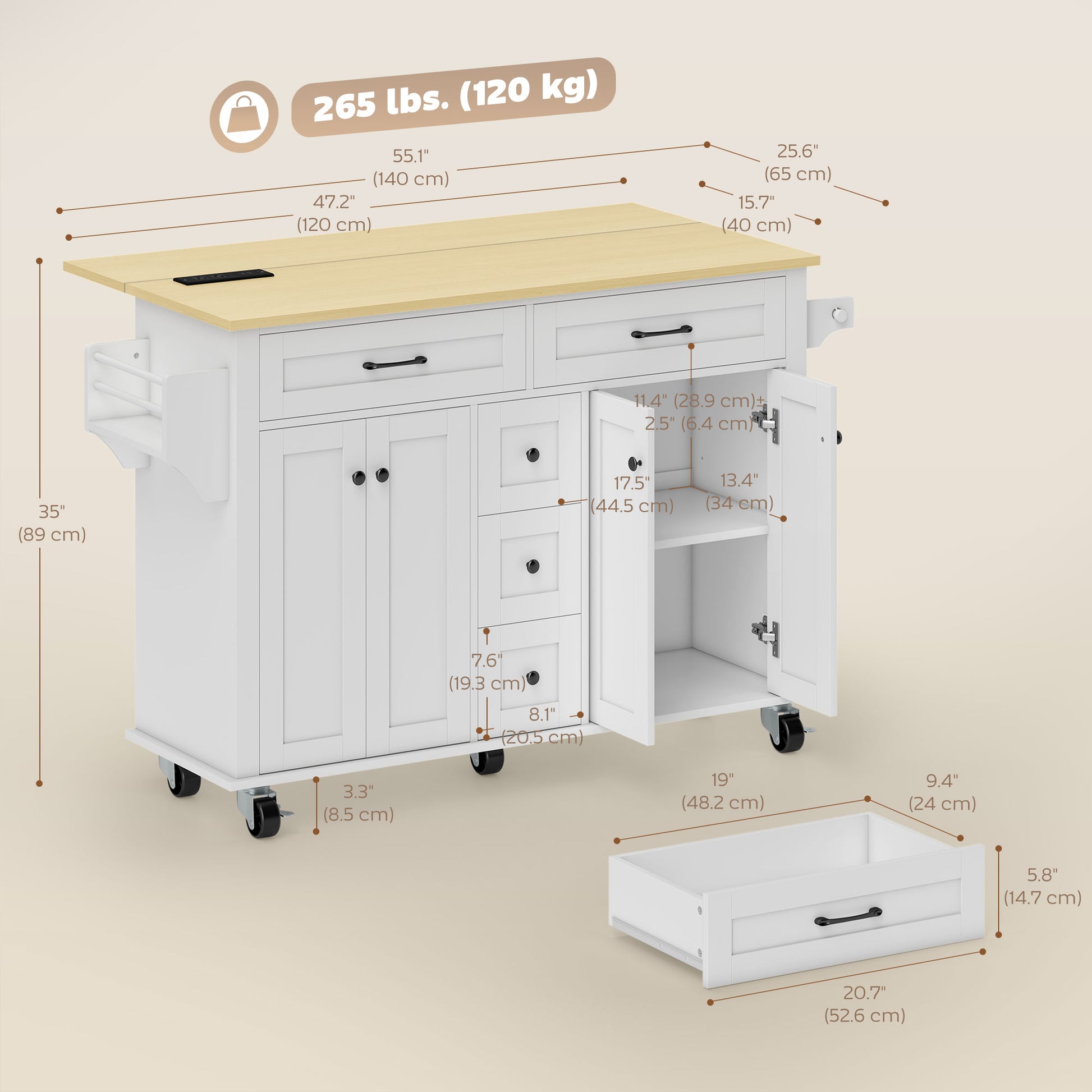 55" Rolling Kitchen Island with Power Outlet & Drop Leaf - White-DECOROLALA