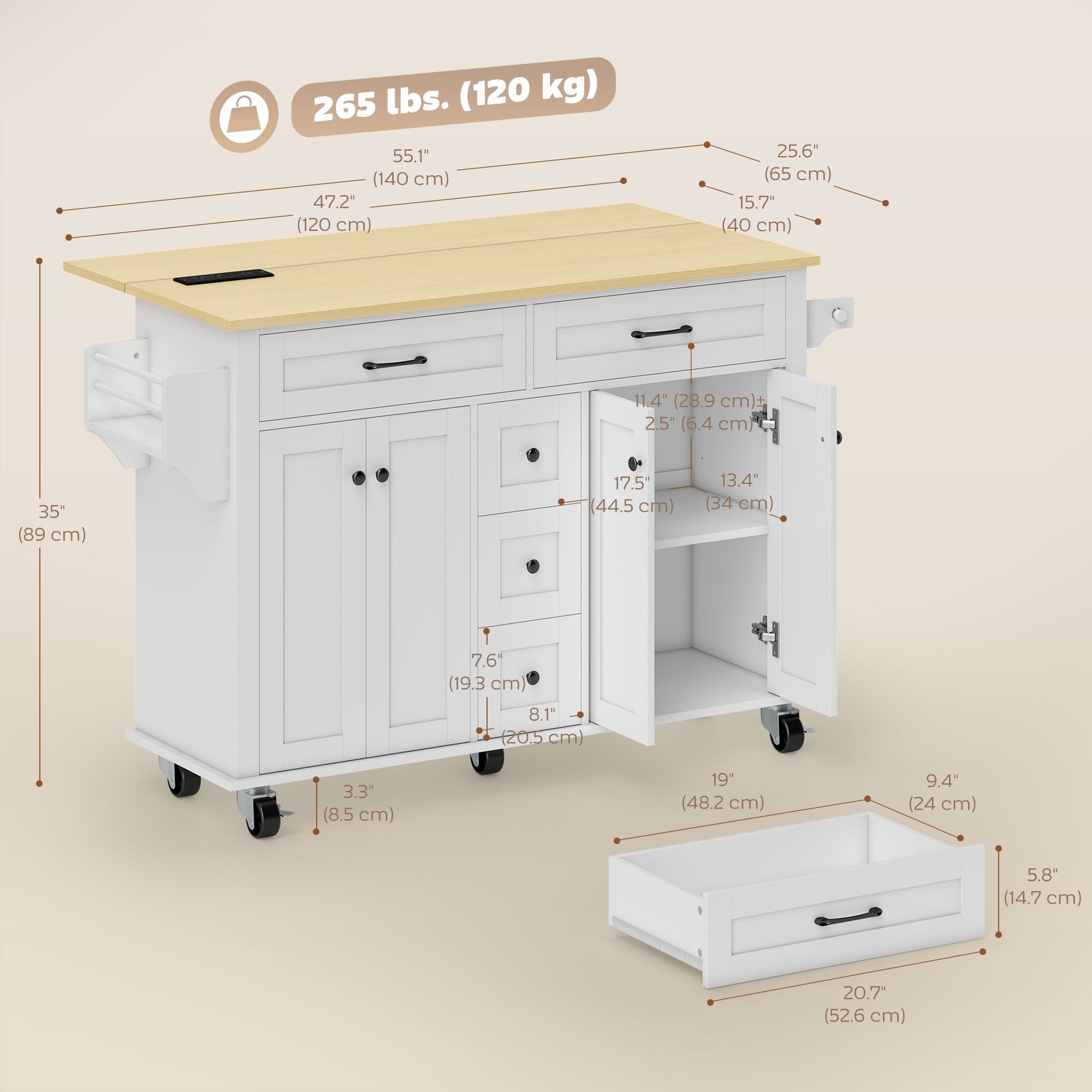 55" Rolling Kitchen Island with Power Outlet & Drop Leaf - White-DECOROLALA