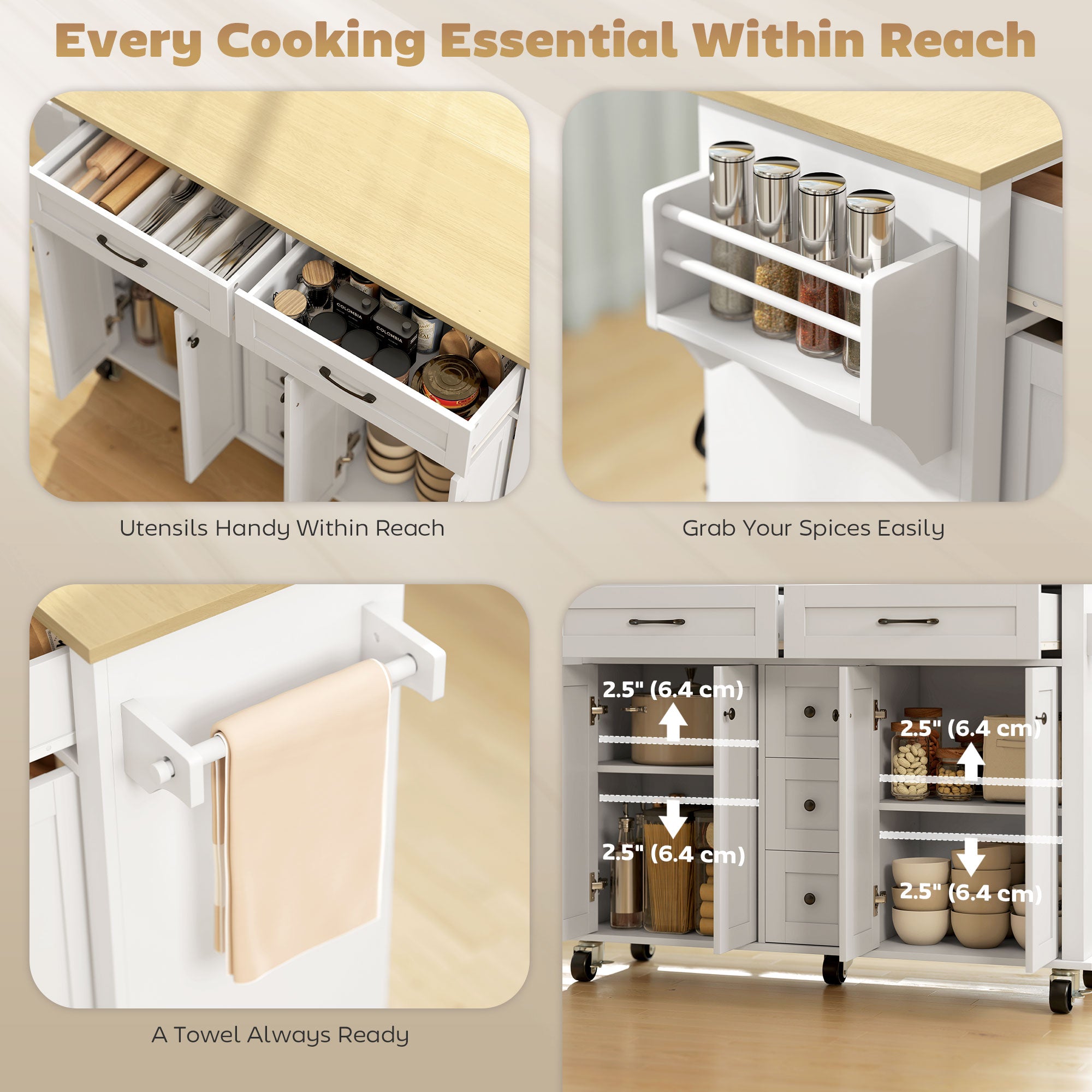 55" Rolling Kitchen Island with Power Outlet & Drop Leaf - White-DECOROLALA