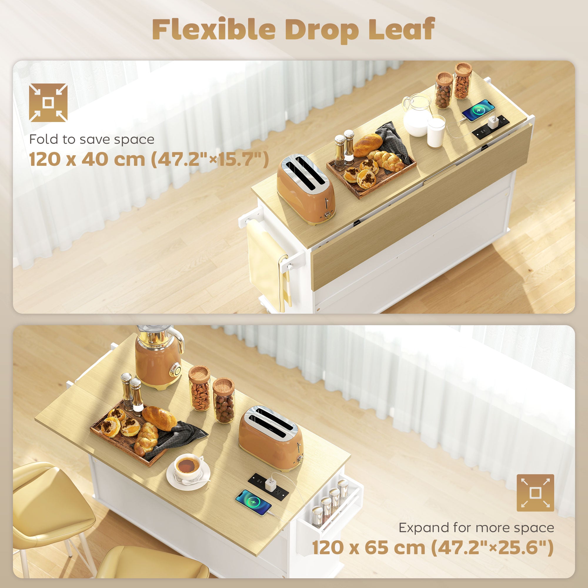 55" Rolling Kitchen Island with Power Outlet & Drop Leaf - White-DECOROLALA