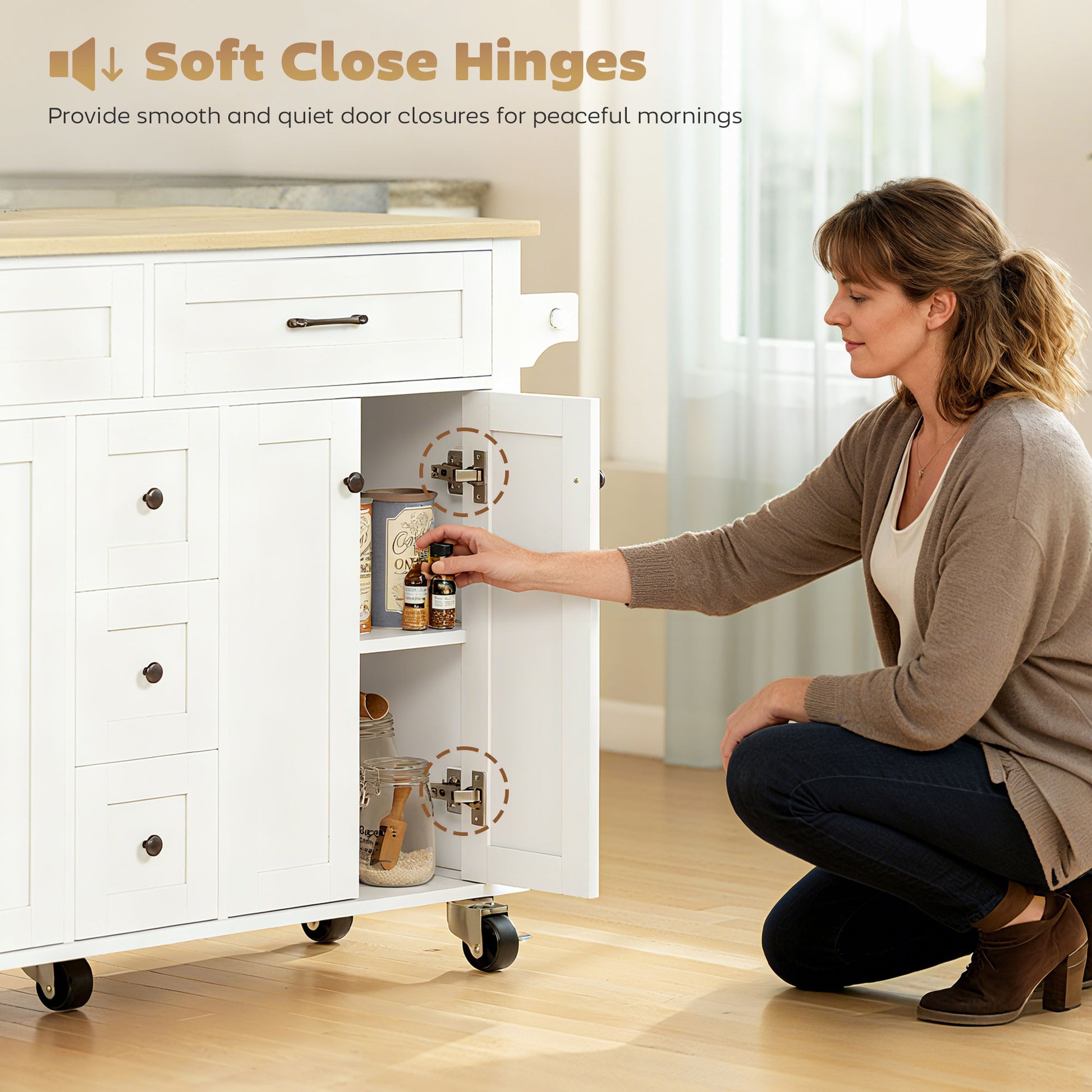 55" Rolling Kitchen Island with Power Outlet & Drop Leaf - White-DECOROLALA