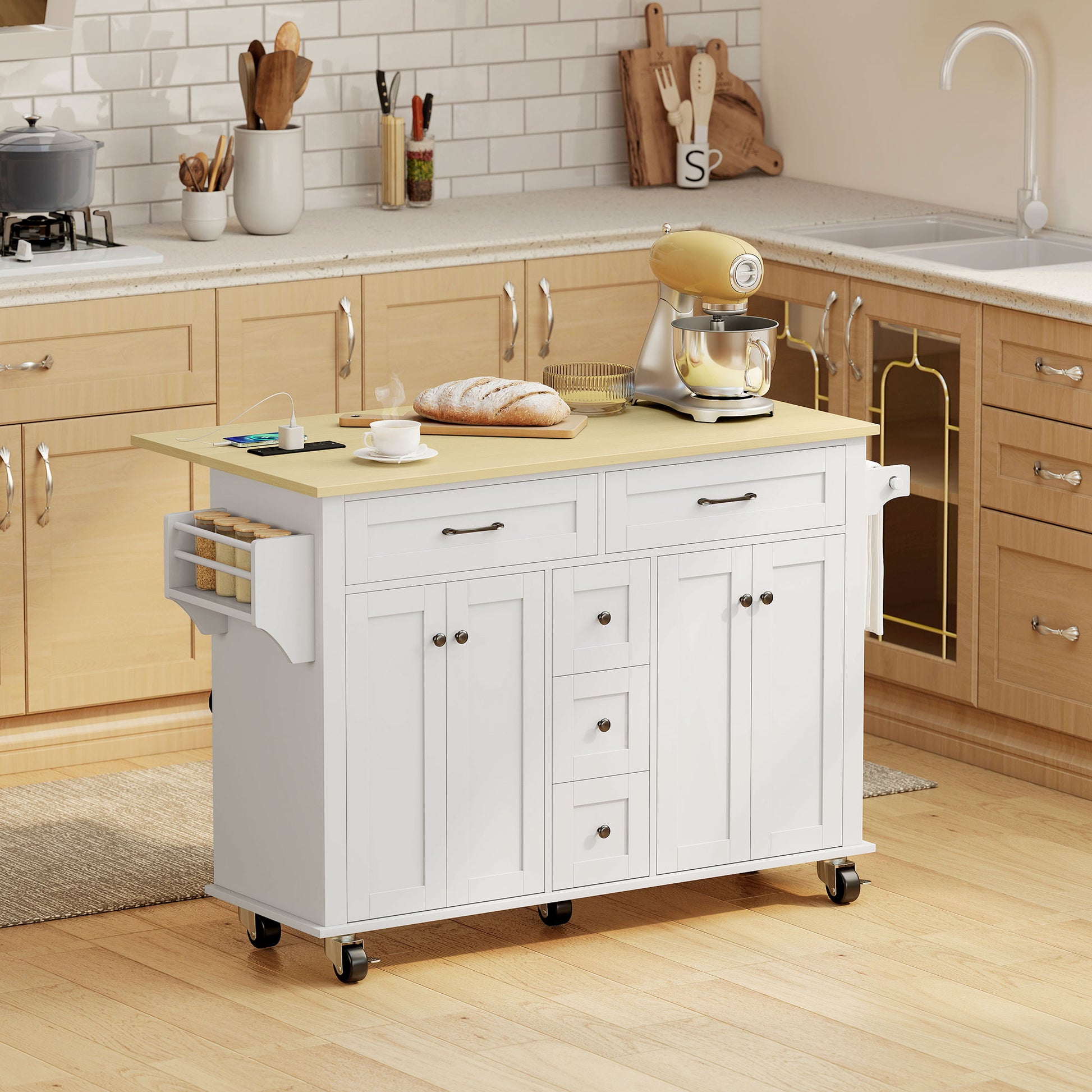 55" Rolling Kitchen Island with Power Outlet & Drop Leaf - White-DECOROLALA
