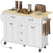 55" Rolling Kitchen Island with Power Outlet & Drop Leaf - White-DECOROLALA