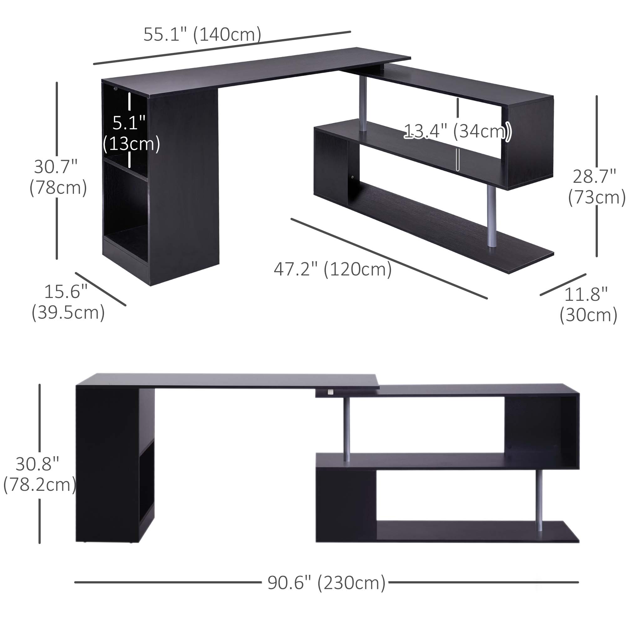 55" Rotating L-Shaped Computer Desk with Shelves - Black-Office Products > Office Furniture > Office Desks & Work Stations > Computer Desks-DECOROLALA
