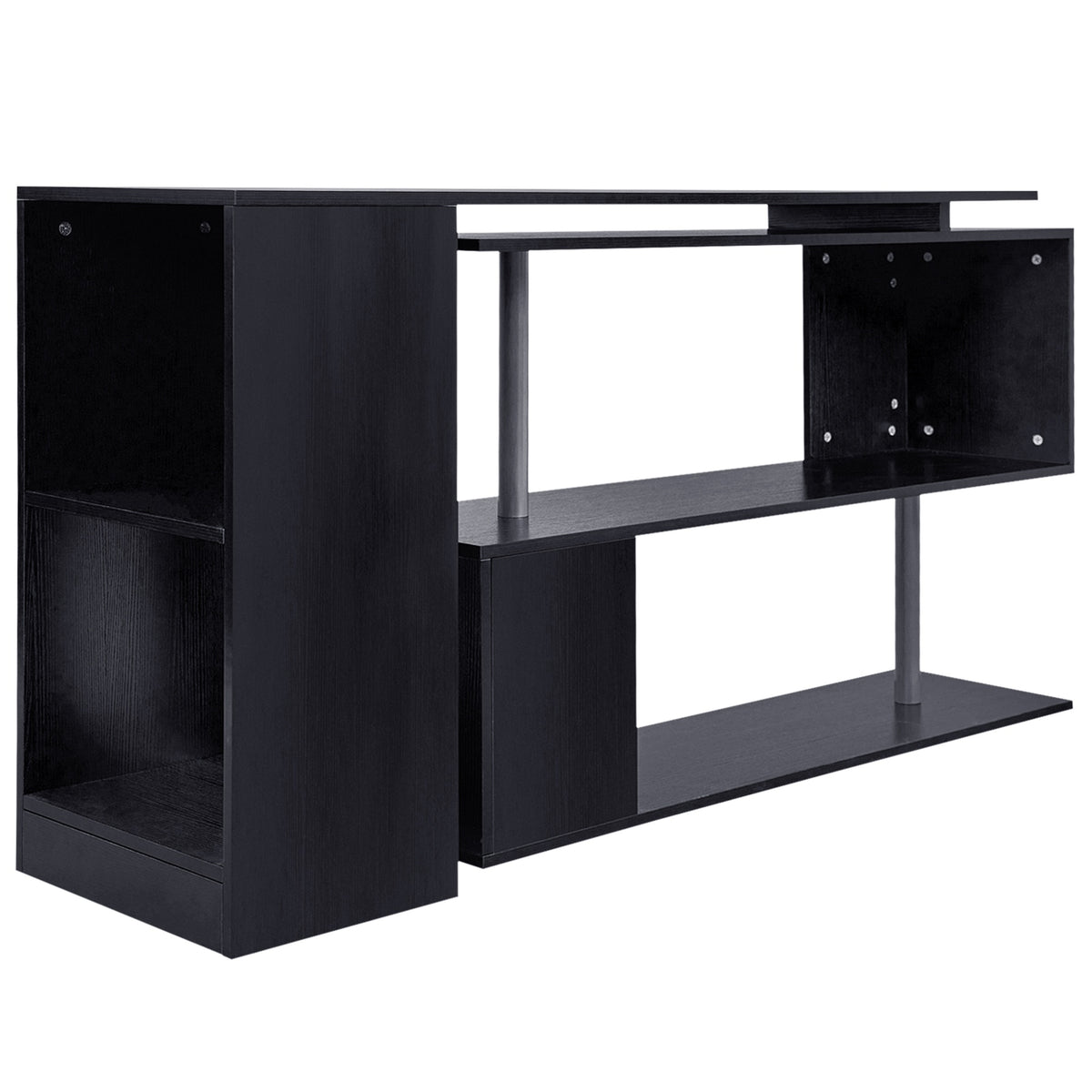 55" Rotating L-Shaped Computer Desk with Shelves - Black-Office Products > Office Furniture > Office Desks & Work Stations > Computer Desks-DECOROLALA