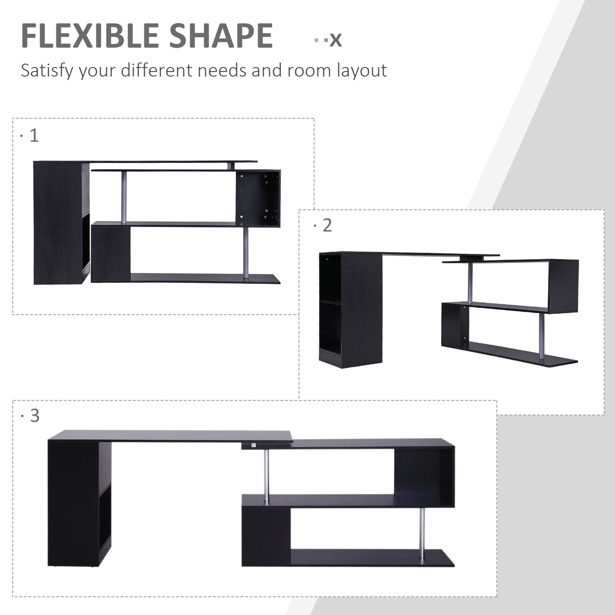 55" Rotating L-Shaped Computer Desk with Shelves - Black-Office Products > Office Furniture > Office Desks & Work Stations > Computer Desks-DECOROLALA