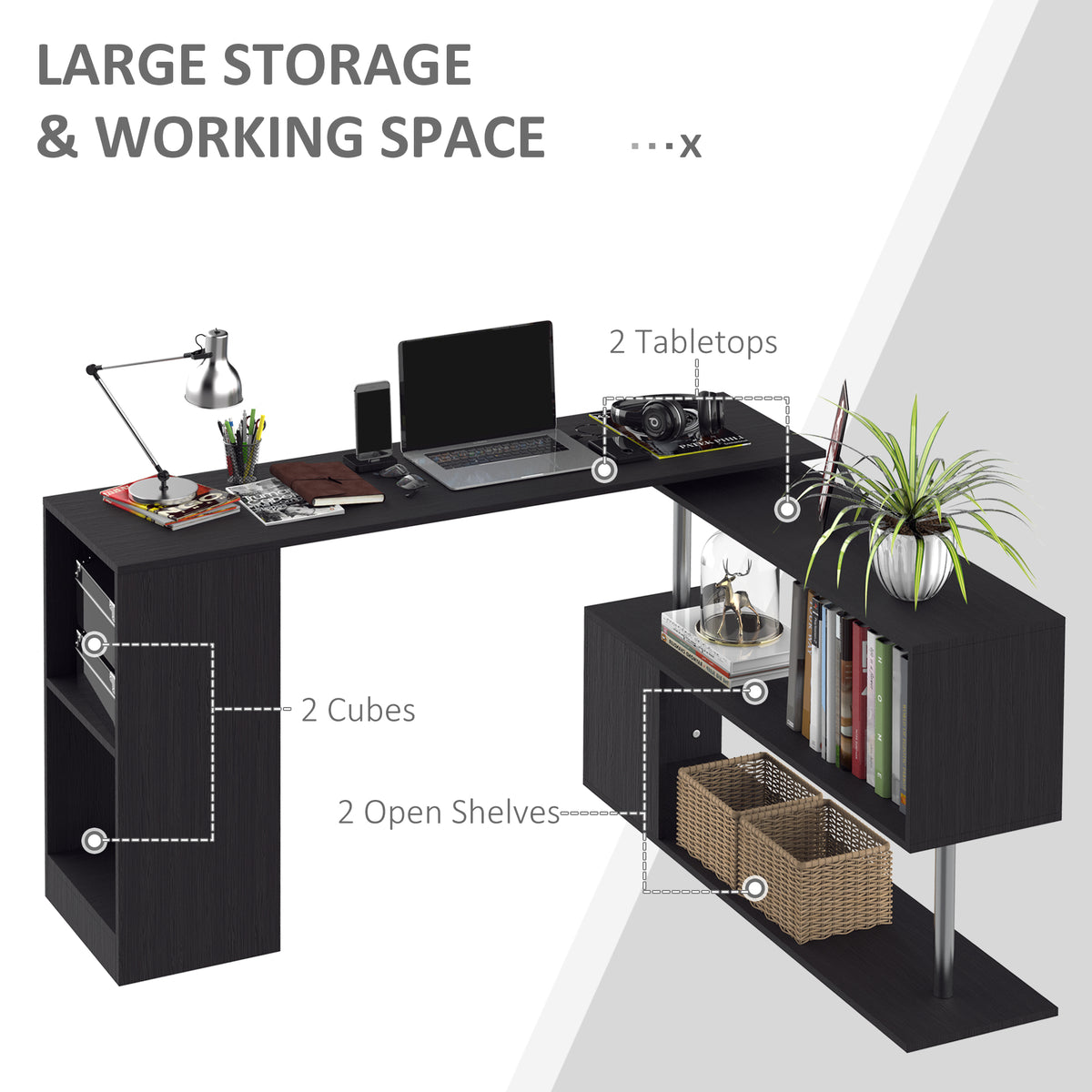 55" Rotating L-Shaped Computer Desk with Shelves - Black-Office Products > Office Furniture > Office Desks & Work Stations > Computer Desks-DECOROLALA
