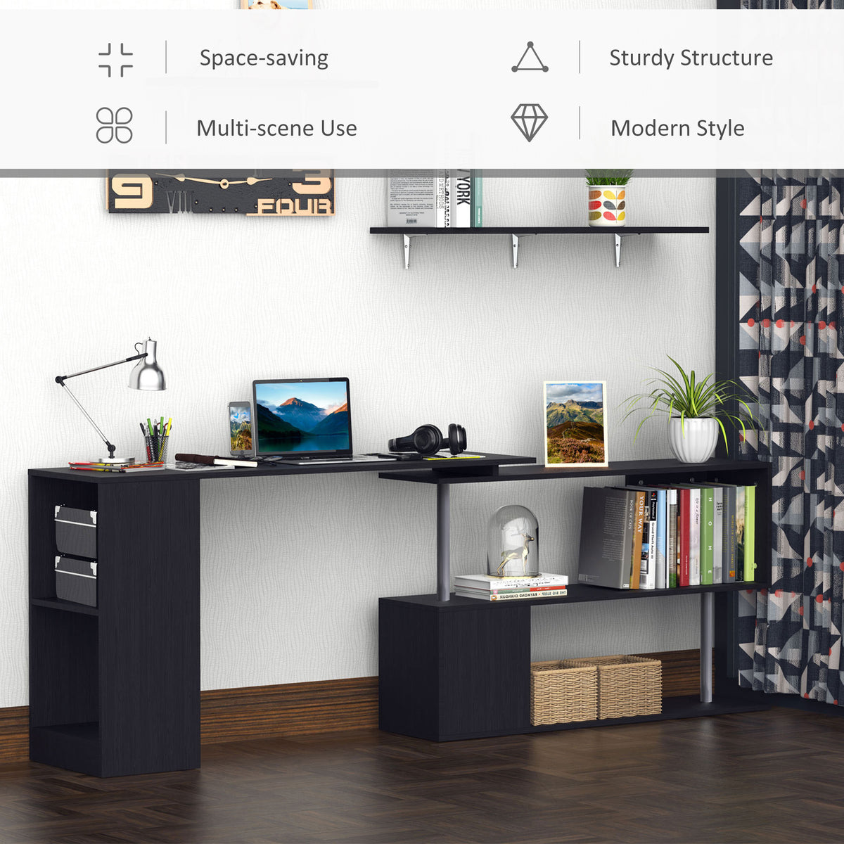 55" Rotating L-Shaped Computer Desk with Shelves - Black-Office Products > Office Furniture > Office Desks & Work Stations > Computer Desks-DECOROLALA
