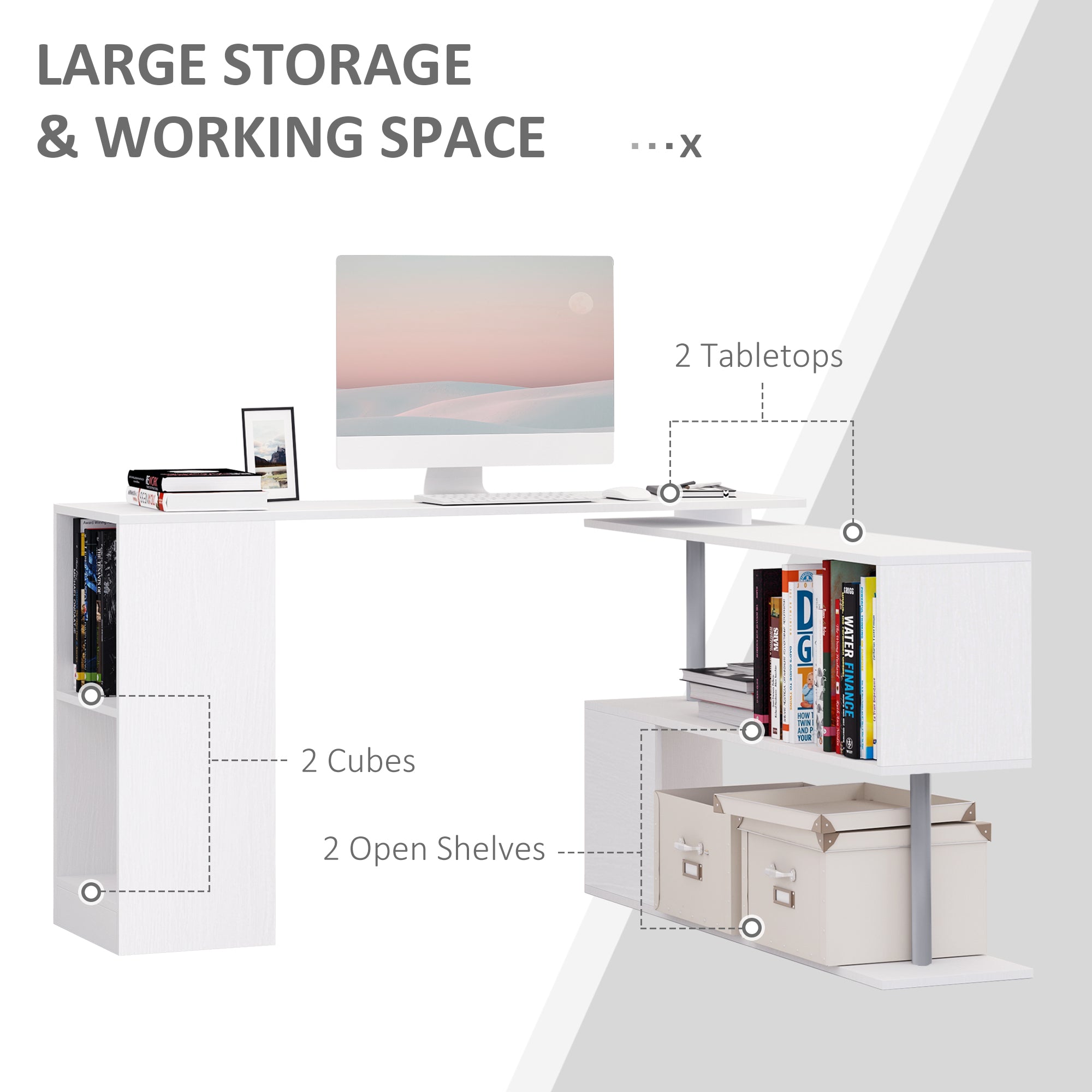 55" Rotating L-Shaped Corner Computer Desk - White-Office Products > Office Furniture > Office Desks & Work Stations > Writing Desks-DECOROLALA