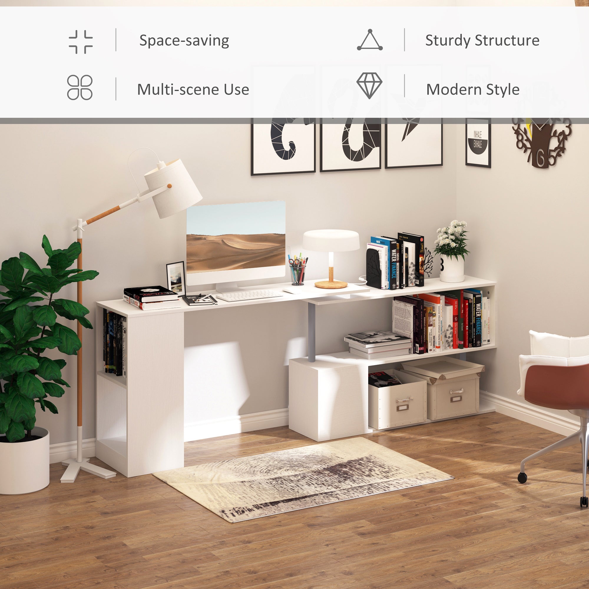 55" Rotating L-Shaped Corner Computer Desk - White-Office Products > Office Furniture > Office Desks & Work Stations > Writing Desks-DECOROLALA