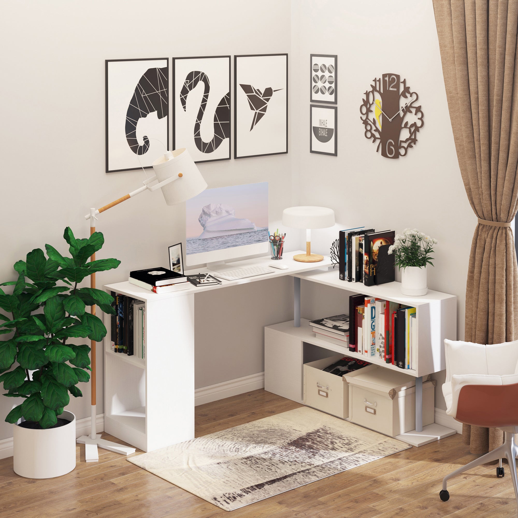 55" Rotating L-Shaped Corner Computer Desk - White-Office Products > Office Furniture > Office Desks & Work Stations > Writing Desks-DECOROLALA