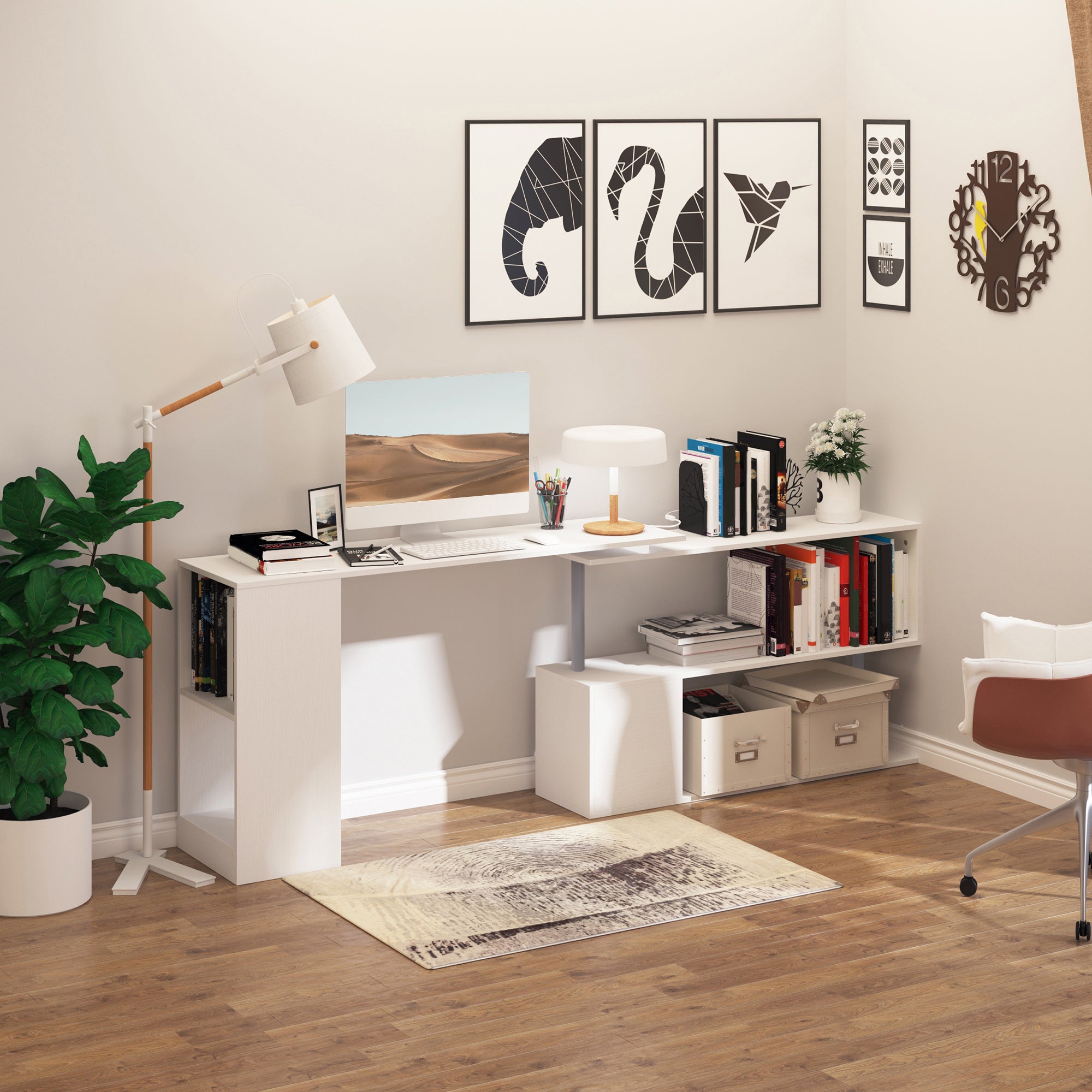 55" Rotating L-Shaped Corner Computer Desk - White-Office Products > Office Furniture > Office Desks & Work Stations > Writing Desks-DECOROLALA