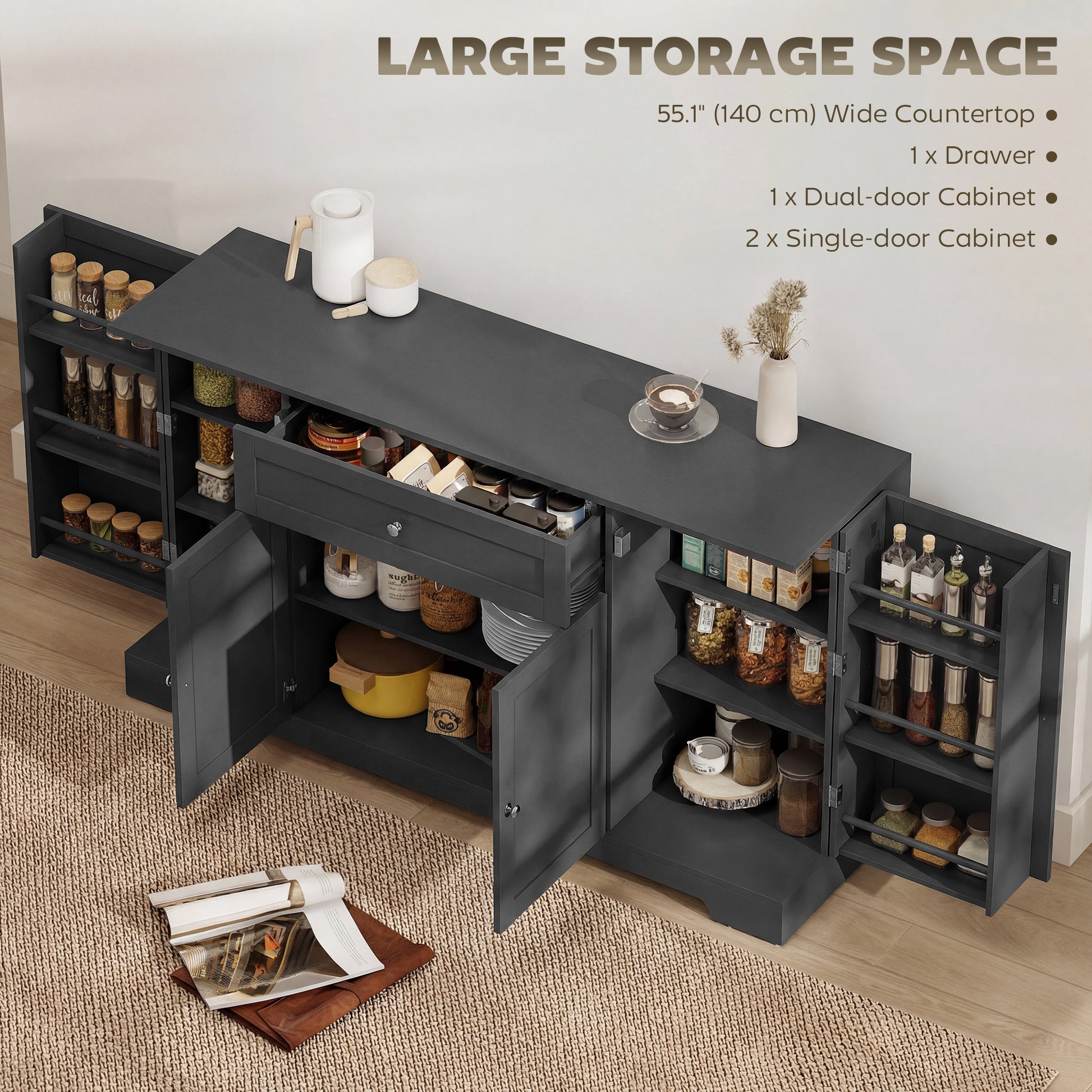 55" Sideboard Kitchen Storage Cabinet with Door Racks - Black-DECOROLALA