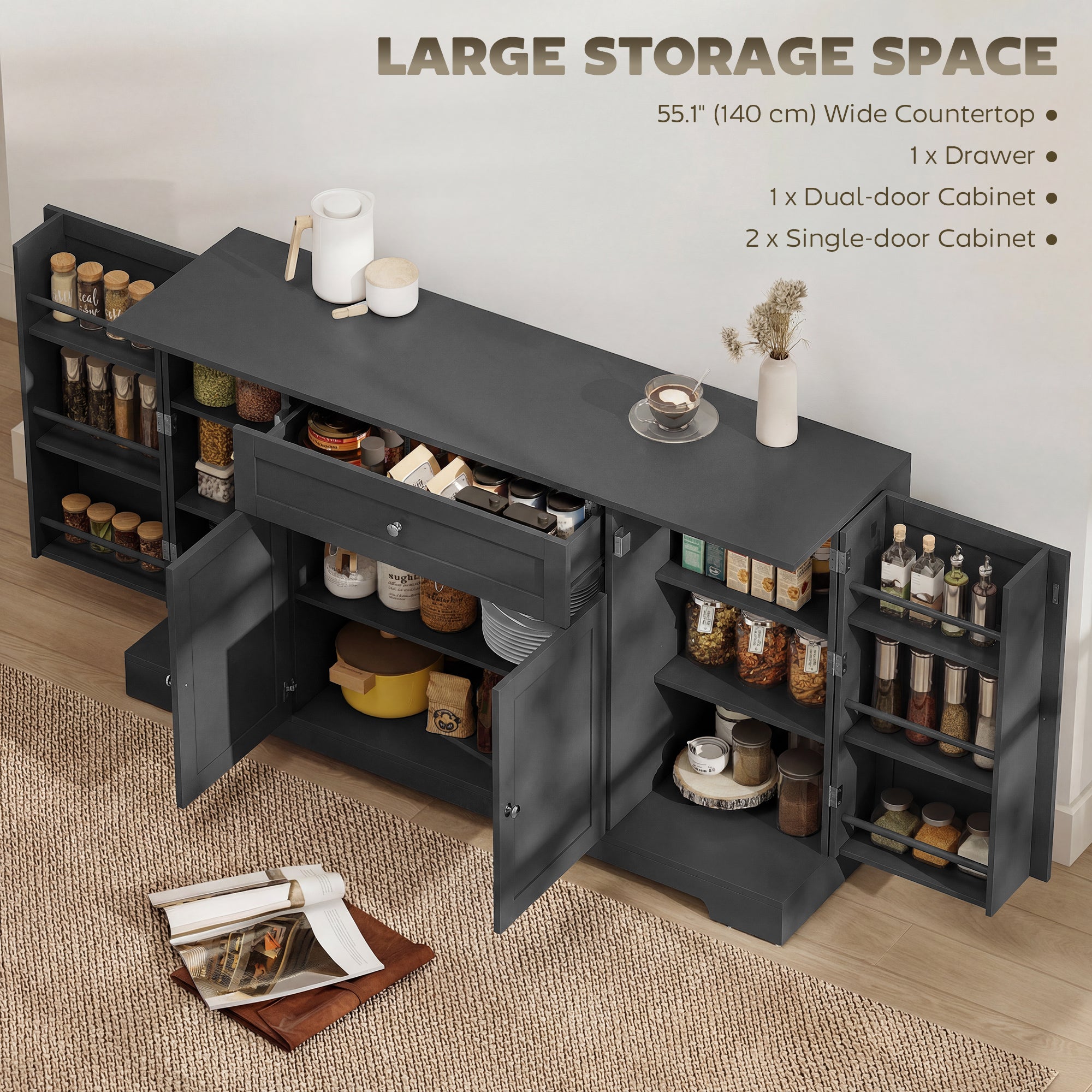 55" Sideboard Kitchen Storage Cabinet with Door Racks - Black-DECOROLALA