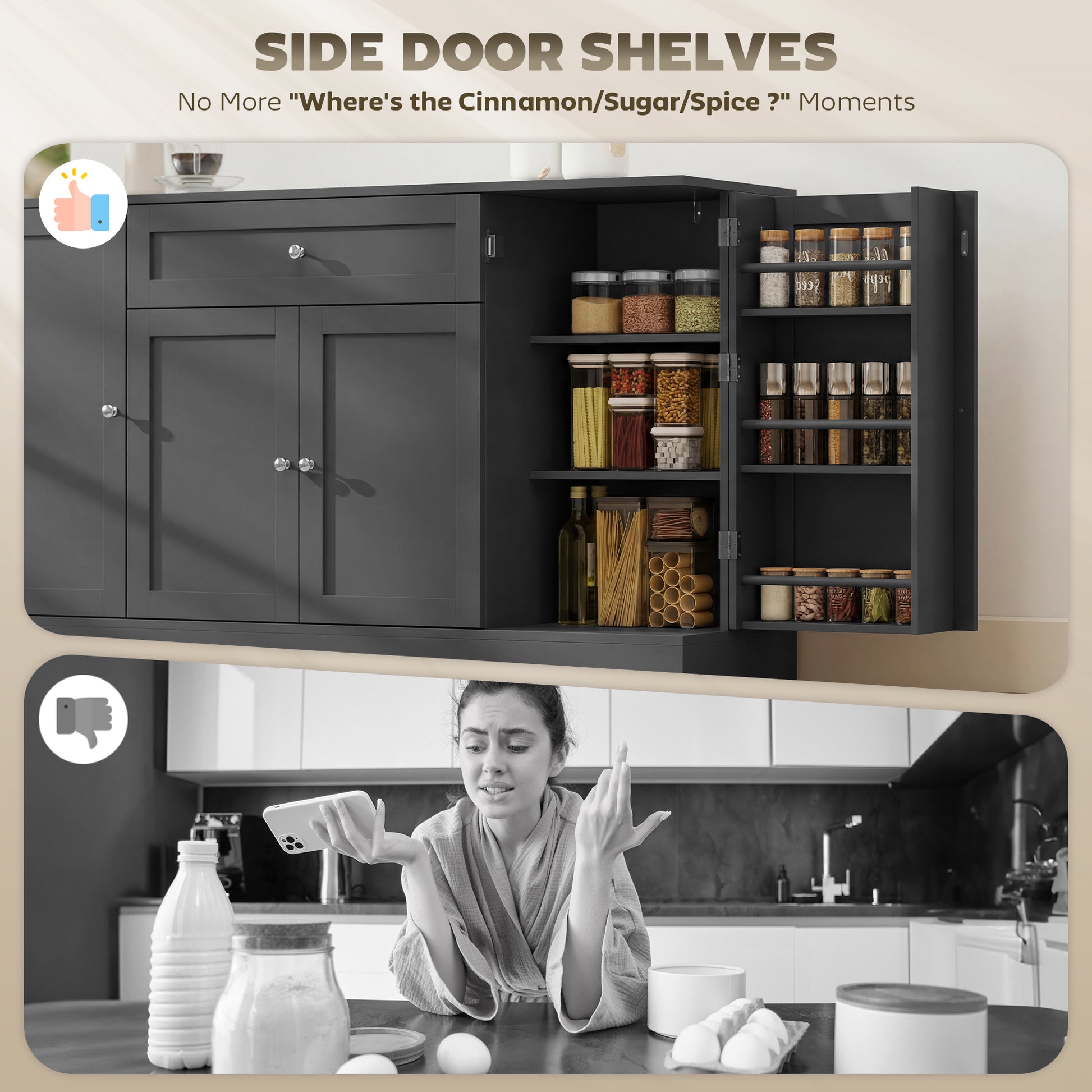 55" Sideboard Kitchen Storage Cabinet with Door Racks - Black-DECOROLALA