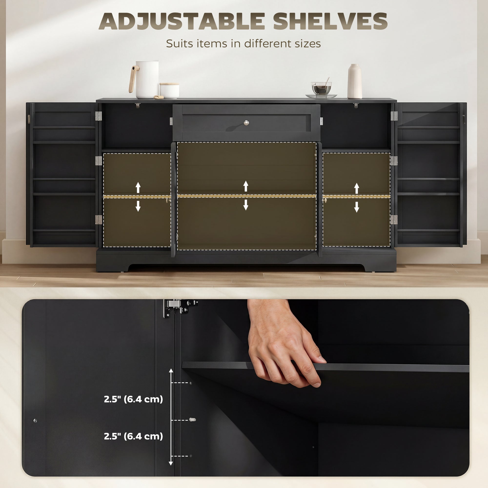 55" Sideboard Kitchen Storage Cabinet with Door Racks - Black-DECOROLALA
