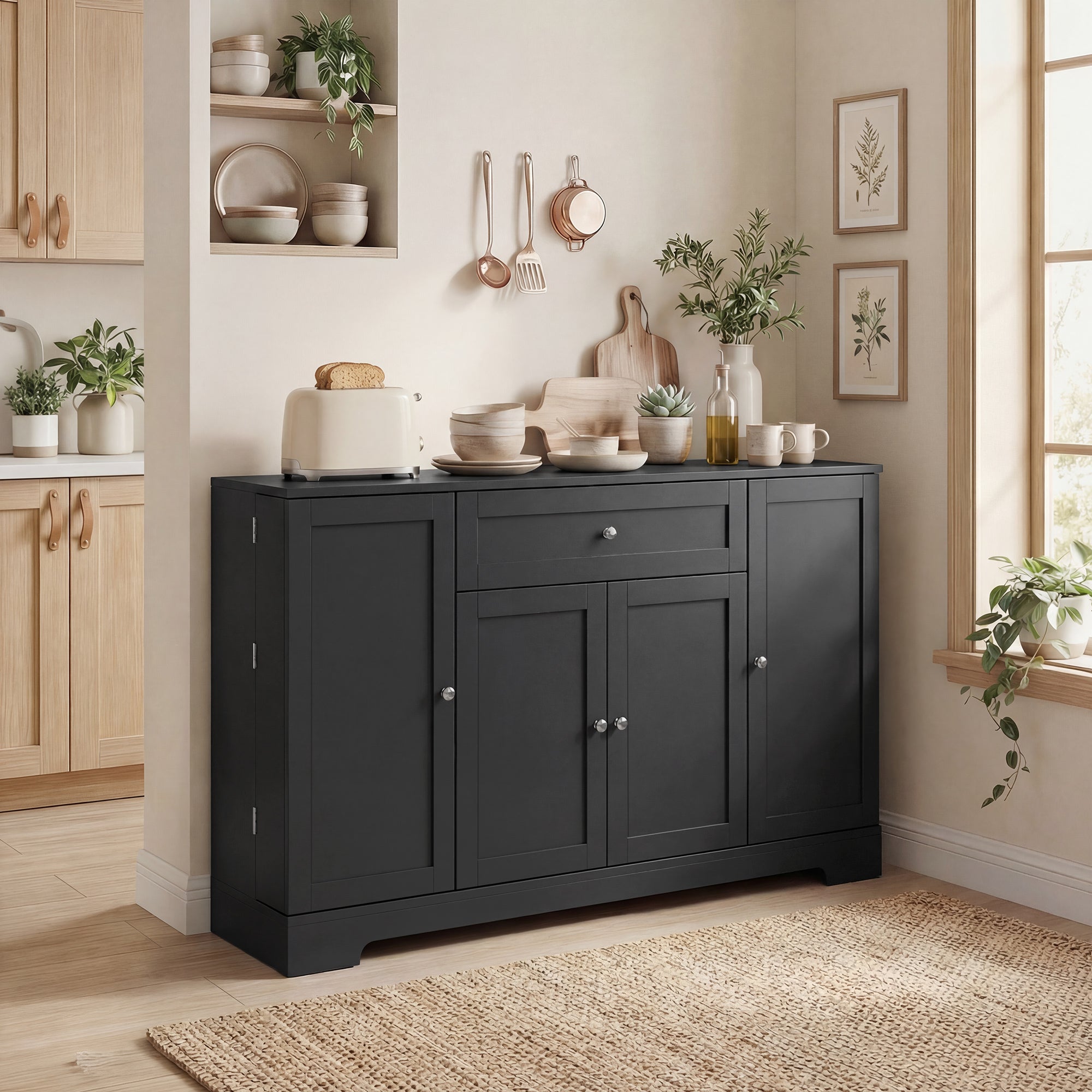 55" Sideboard Kitchen Storage Cabinet with Door Racks - Black-DECOROLALA