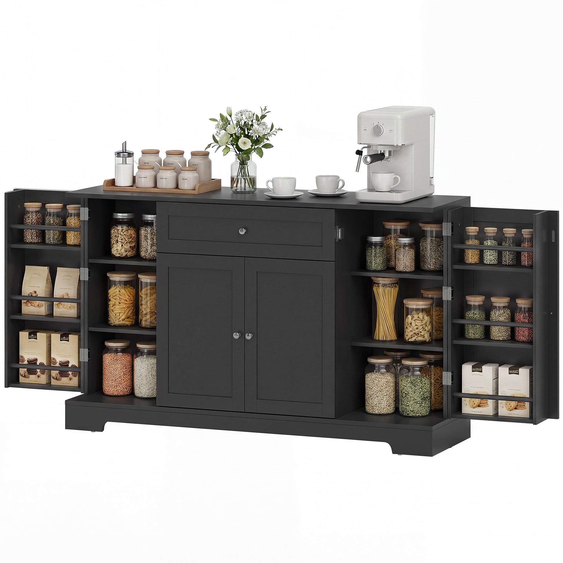 55" Sideboard Kitchen Storage Cabinet with Door Racks - Black-DECOROLALA