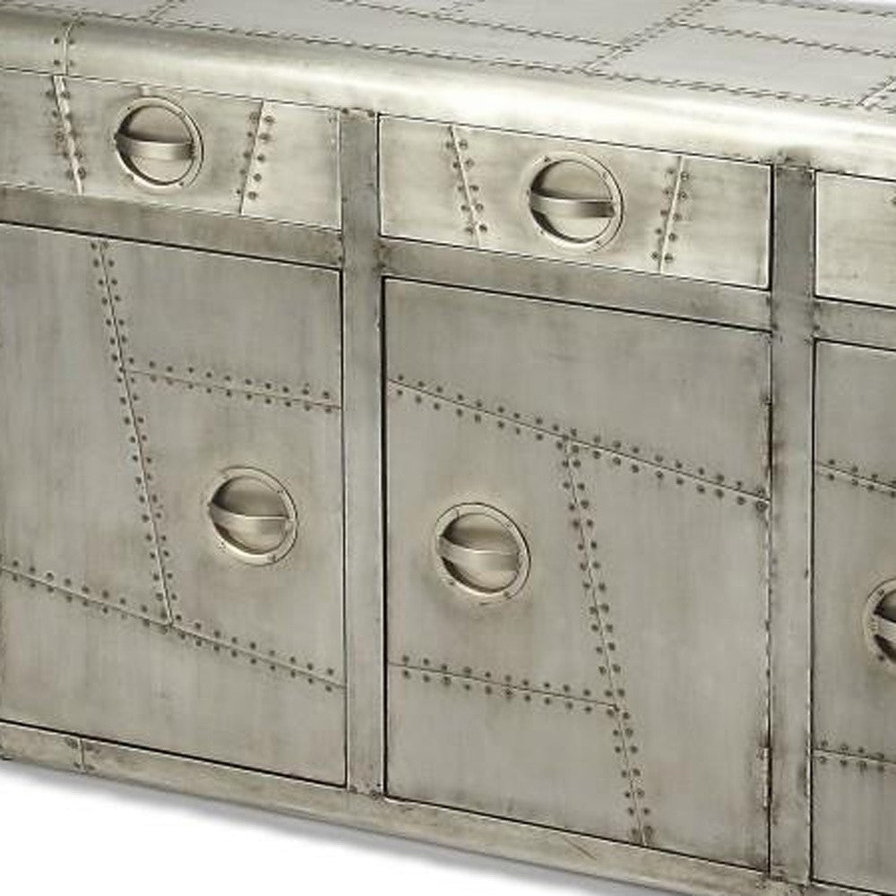 55" Silver Steel Console Accent Cabinet With Three Drawers-Cabinets-DECOROLALA