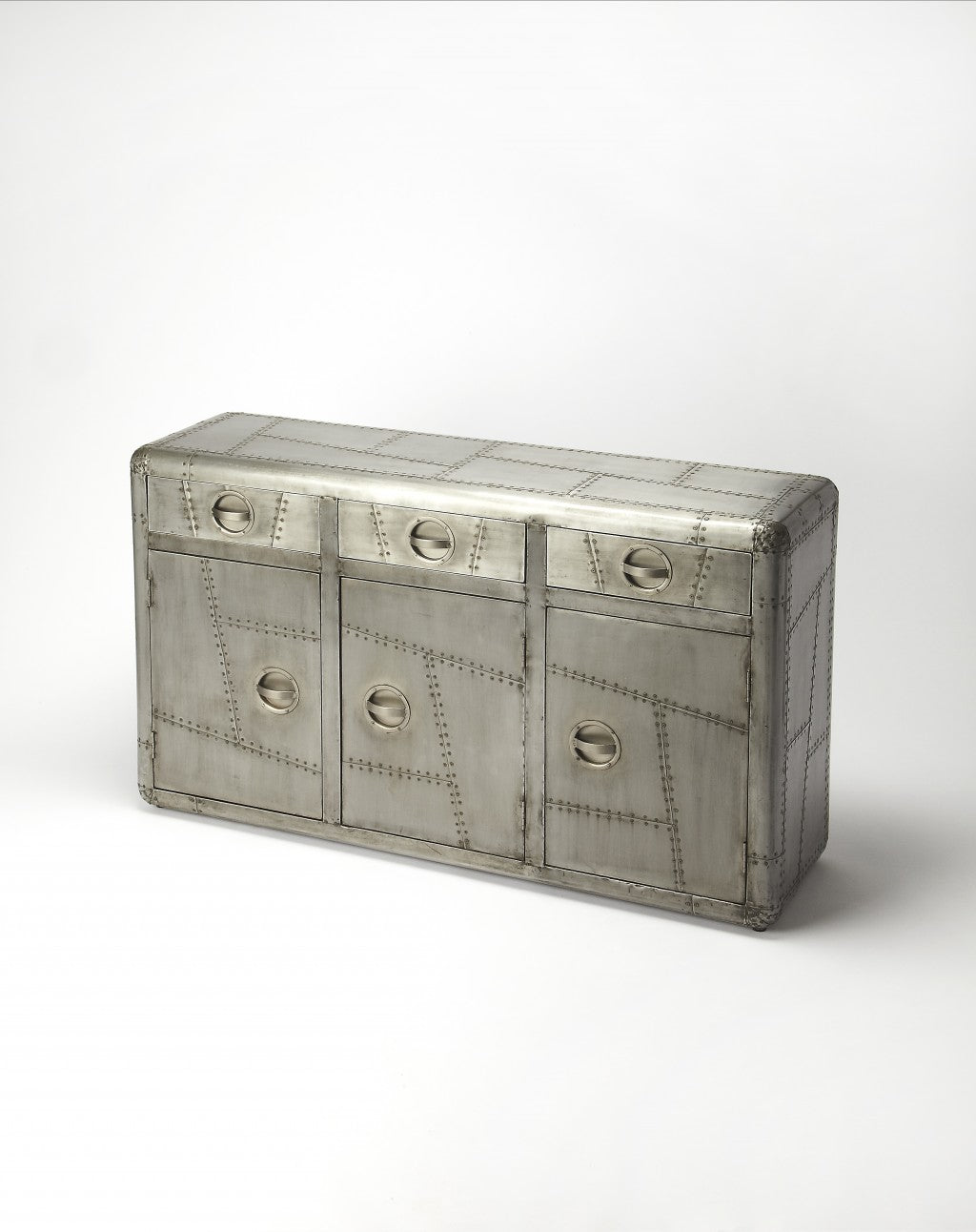 55" Silver Steel Console Accent Cabinet With Three Drawers-Cabinets-DECOROLALA