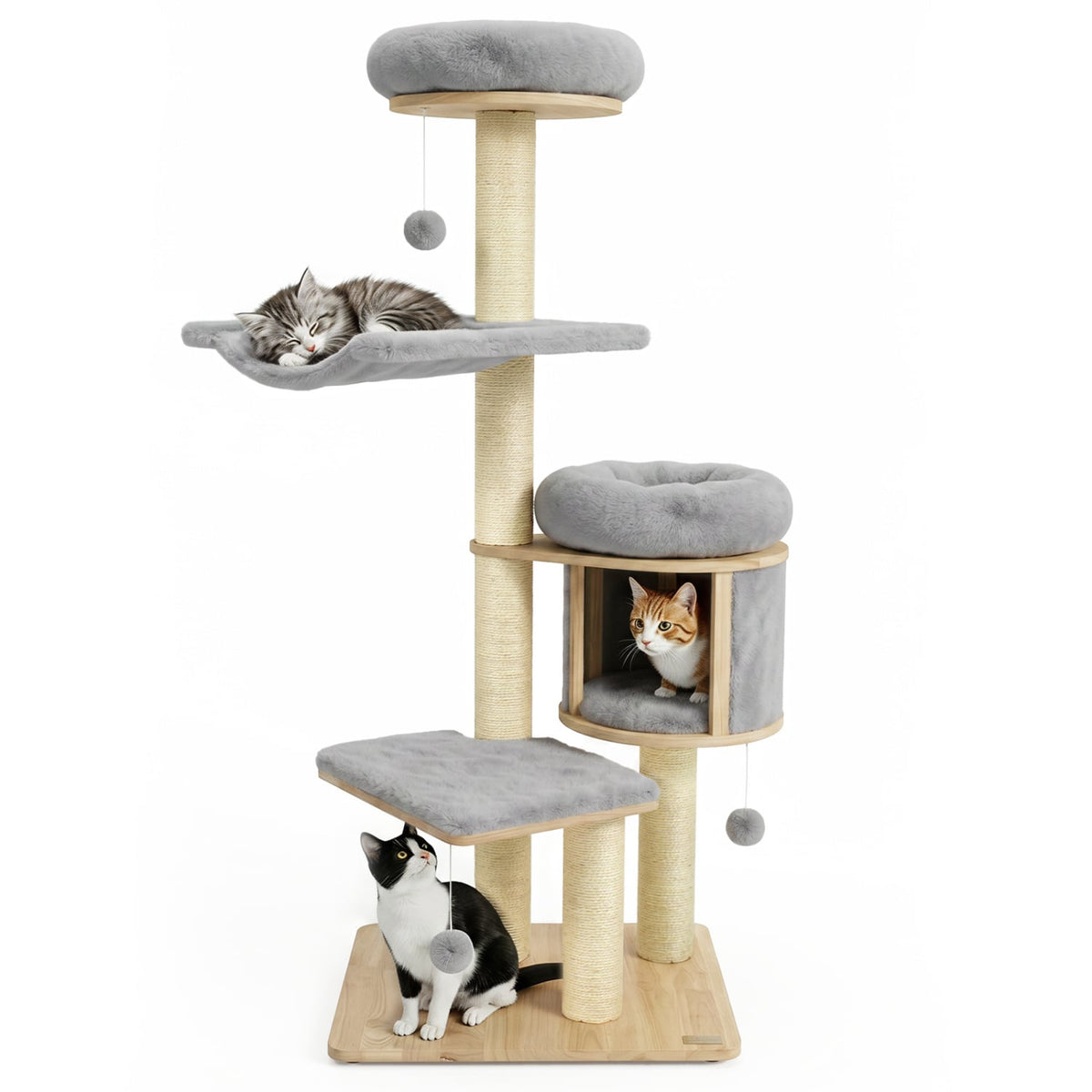 55" Solid Rubber Wood Cat Tree with Condo & Hammock and Scratching Posts for Adult Cats-Gray-Cat Trees & Scratchers-DECOROLALA