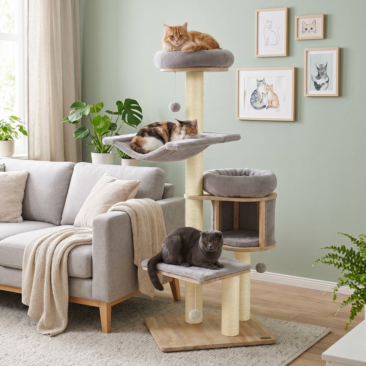 55" Solid Rubber Wood Cat Tree with Condo & Hammock and Scratching Posts for Adult Cats-Gray-Cat Trees & Scratchers-DECOROLALA