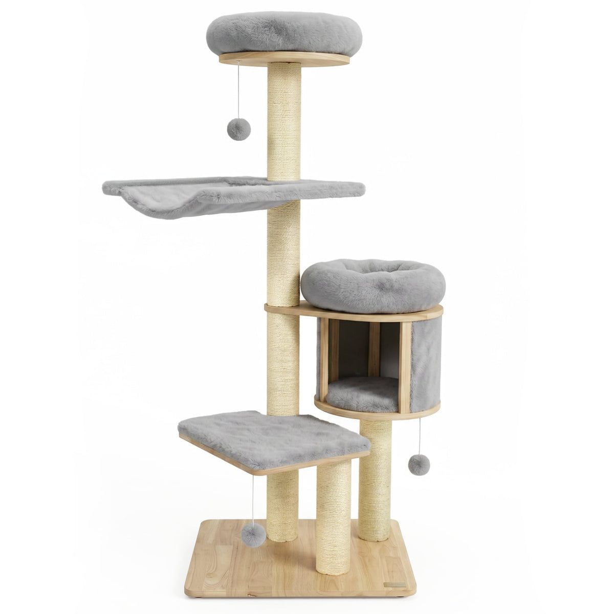 55" Solid Rubber Wood Cat Tree with Condo & Hammock and Scratching Posts for Adult Cats-Gray-Cat Trees & Scratchers-DECOROLALA