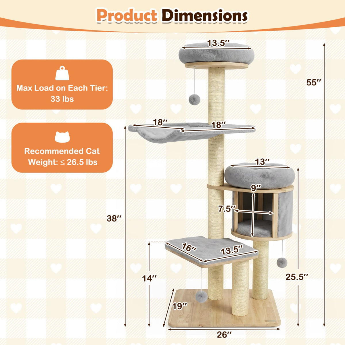 55" Solid Rubber Wood Cat Tree with Condo & Hammock and Scratching Posts for Adult Cats-Gray-Cat Trees & Scratchers-DECOROLALA