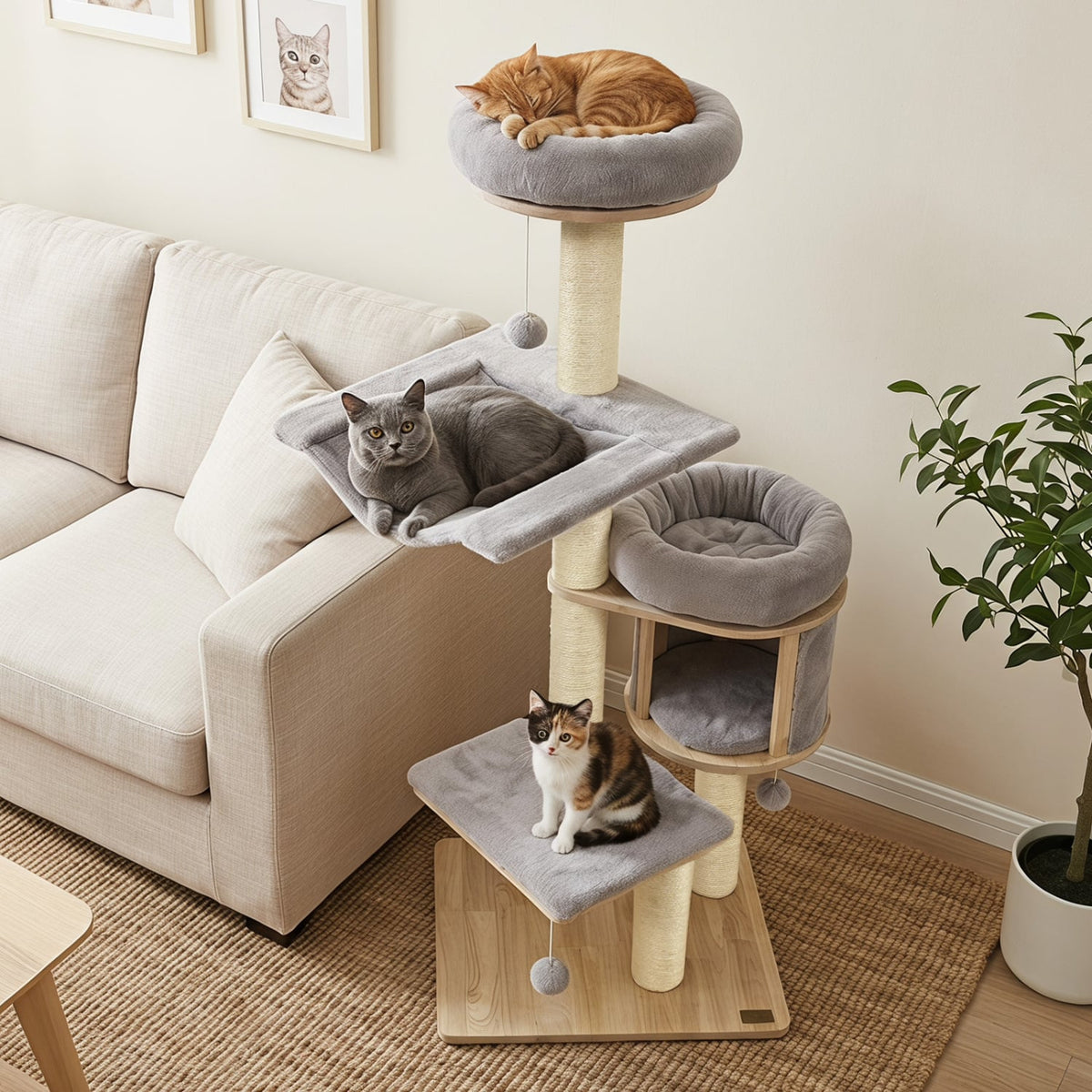 55" Solid Rubber Wood Cat Tree with Condo & Hammock and Scratching Posts for Adult Cats-Gray-Cat Trees & Scratchers-DECOROLALA