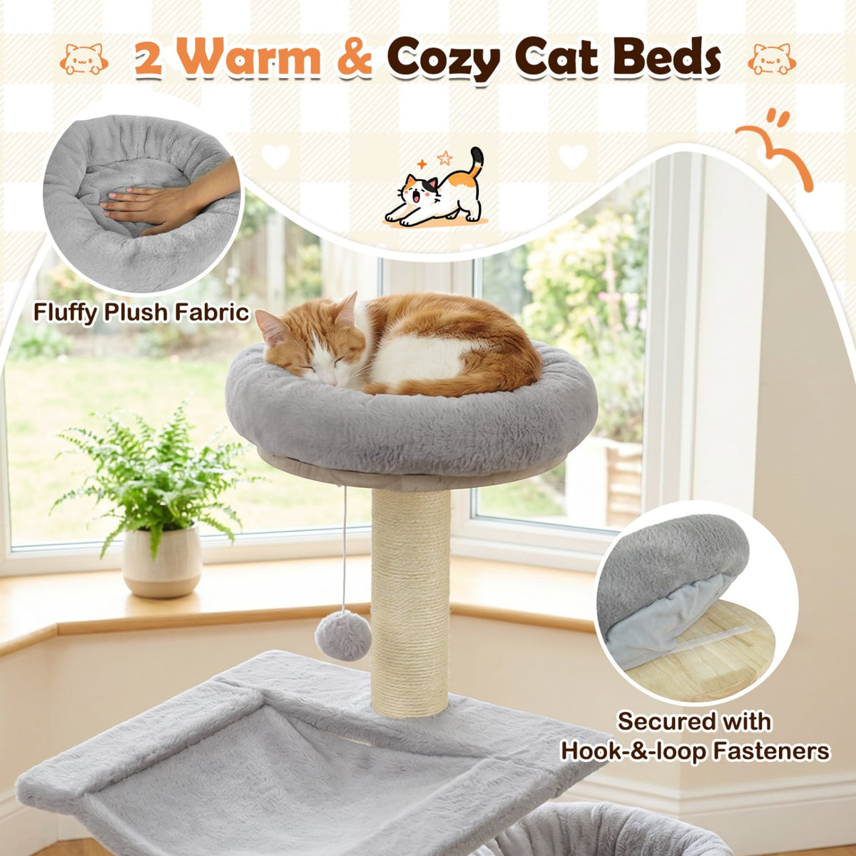 55" Solid Rubber Wood Cat Tree with Condo & Hammock and Scratching Posts for Adult Cats-Gray-Cat Trees & Scratchers-DECOROLALA