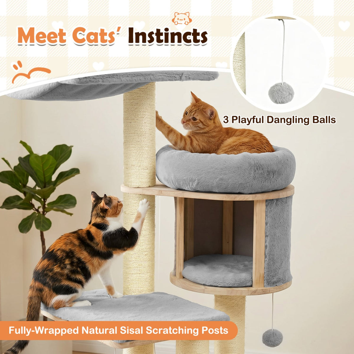 55" Solid Rubber Wood Cat Tree with Condo & Hammock and Scratching Posts for Adult Cats-Gray-Cat Trees & Scratchers-DECOROLALA