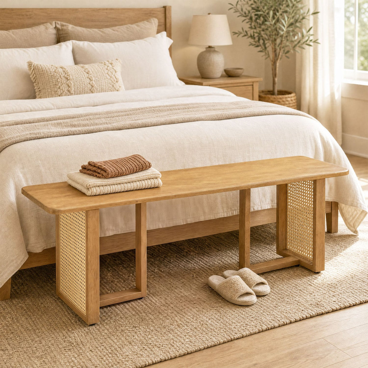 55" Solid Rubber Wood Dining Bench with Rattan Legs-Natural-Dining Chairs-DECOROLALA