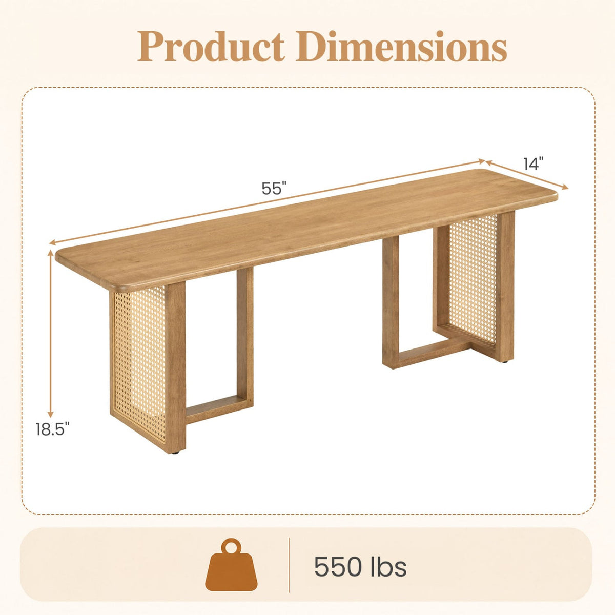 55" Solid Rubber Wood Dining Bench with Rattan Legs-Natural-Dining Chairs-DECOROLALA