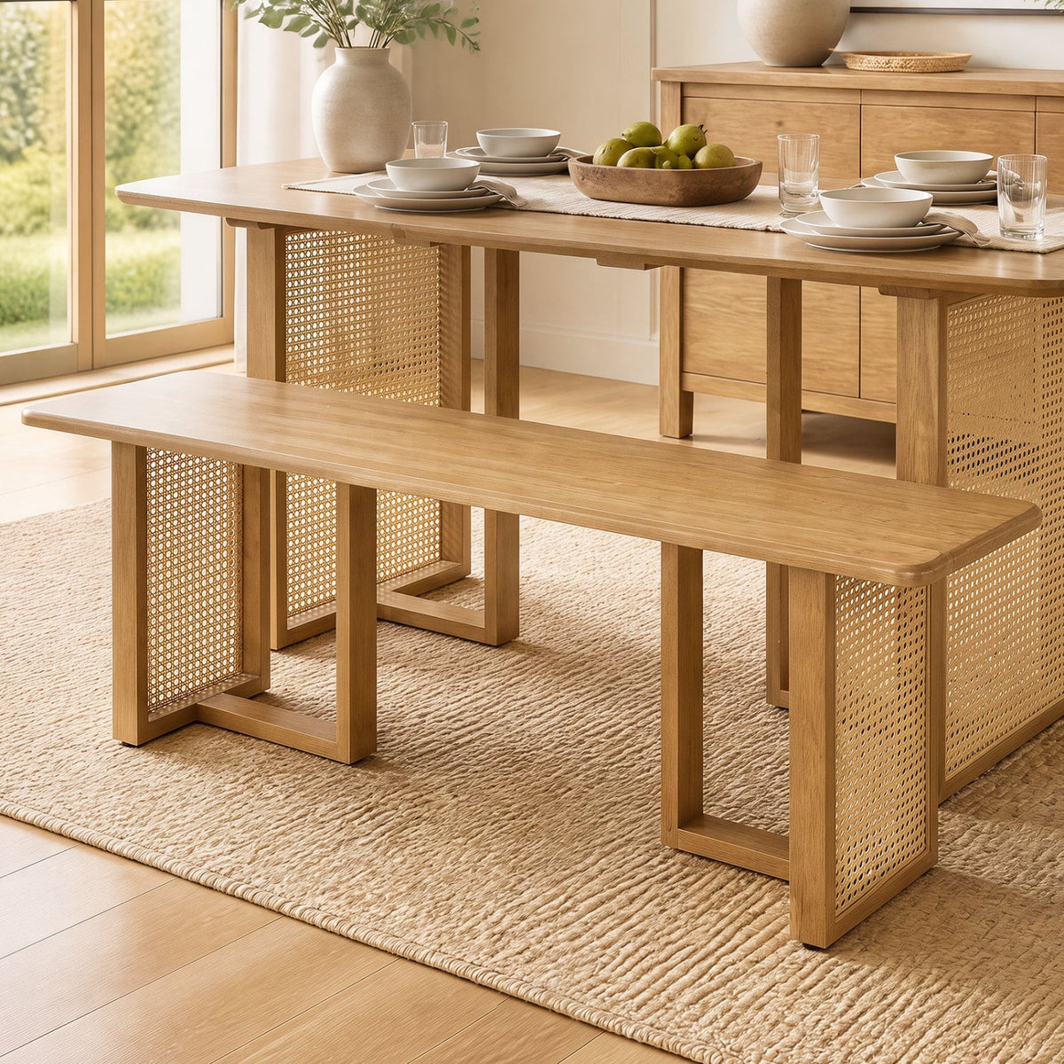 55" Solid Rubber Wood Dining Bench with Rattan Legs-Natural-Dining Chairs-DECOROLALA
