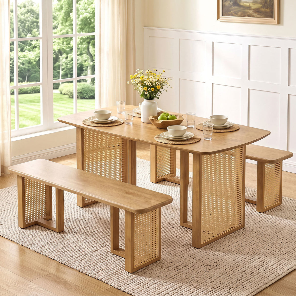 55" Solid Rubber Wood Dining Bench with Rattan Legs-Natural-Dining Chairs-DECOROLALA