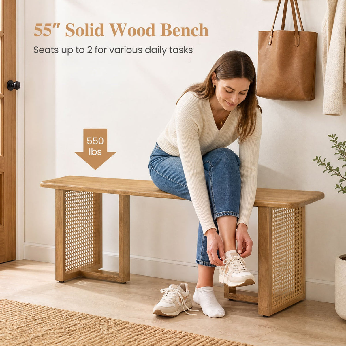 55" Solid Rubber Wood Dining Bench with Rattan Legs-Natural-Dining Chairs-DECOROLALA