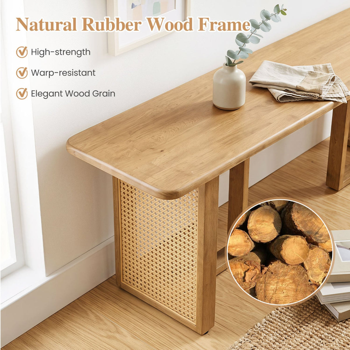 55" Solid Rubber Wood Dining Bench with Rattan Legs-Natural-Dining Chairs-DECOROLALA