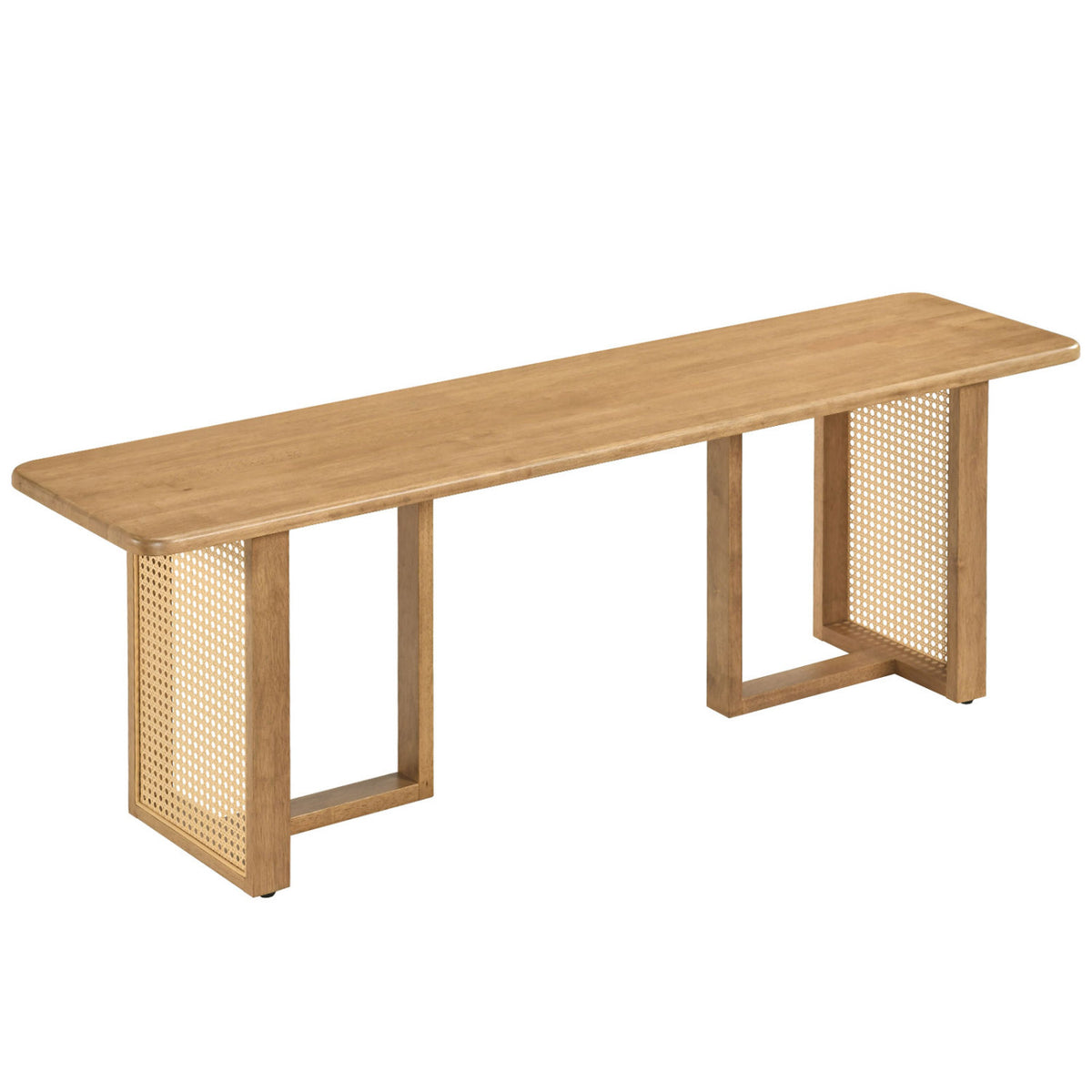 55" Solid Rubber Wood Dining Bench with Rattan Legs-Natural-Dining Chairs-DECOROLALA