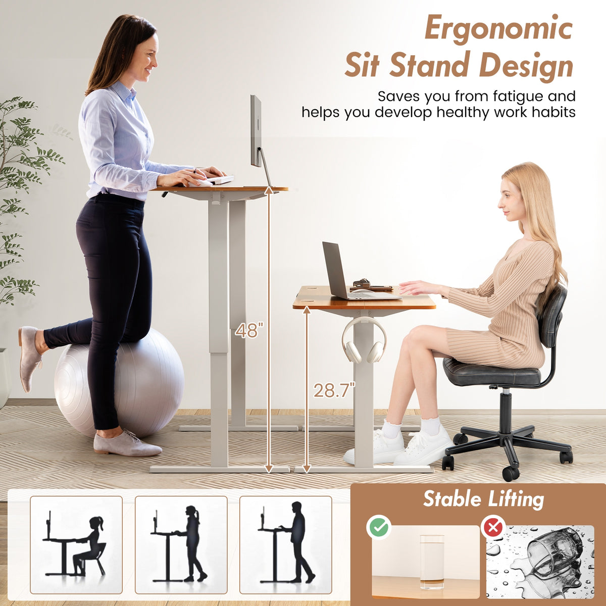55 x 24 Inches Sit Stand Home Office Desk with 3 Memory Height Settings-Natural-Standing Desks-DECOROLALA