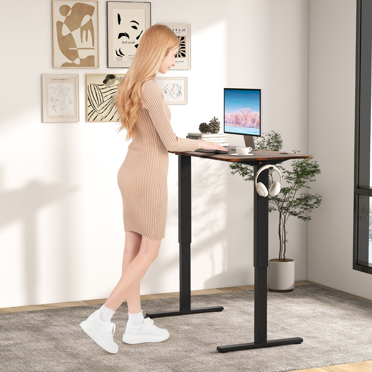 55 x 24 Inches Sit Stand Home Office Desk with 3 Memory Height Settings-Rustic Brown-Standing Desks-DECOROLALA