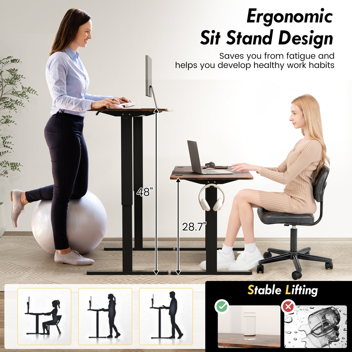 55 x 24 Inches Sit Stand Home Office Desk with 3 Memory Height Settings-Rustic Brown-Standing Desks-DECOROLALA