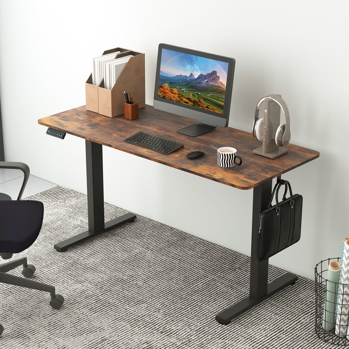 55 x 24 Inches Sit Stand Home Office Desk with 3 Memory Height Settings-Rustic Brown-Standing Desks-DECOROLALA