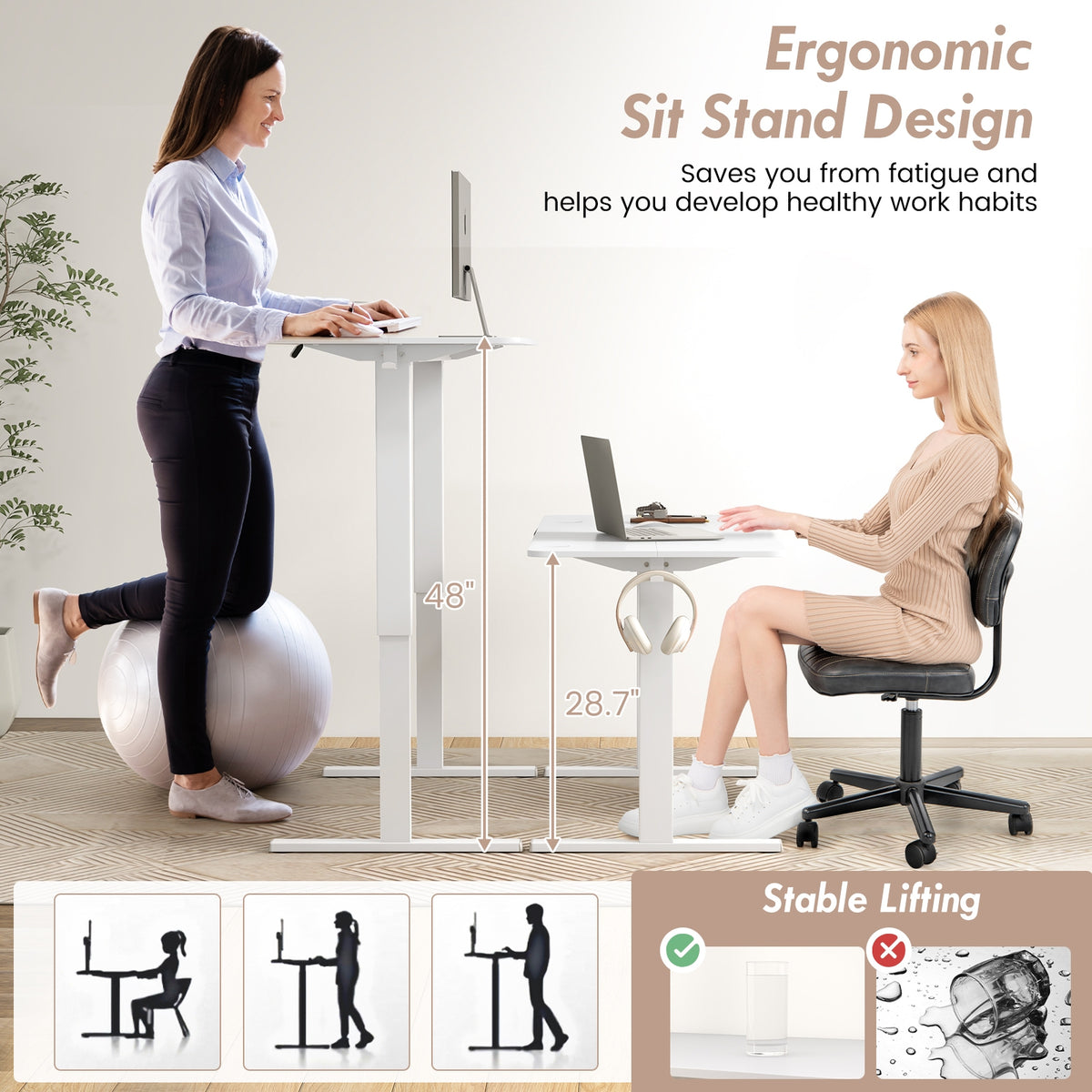55 x 24 Inches Sit Stand Home Office Desk with 3 Memory Height Settings-White-Standing Desks-DECOROLALA
