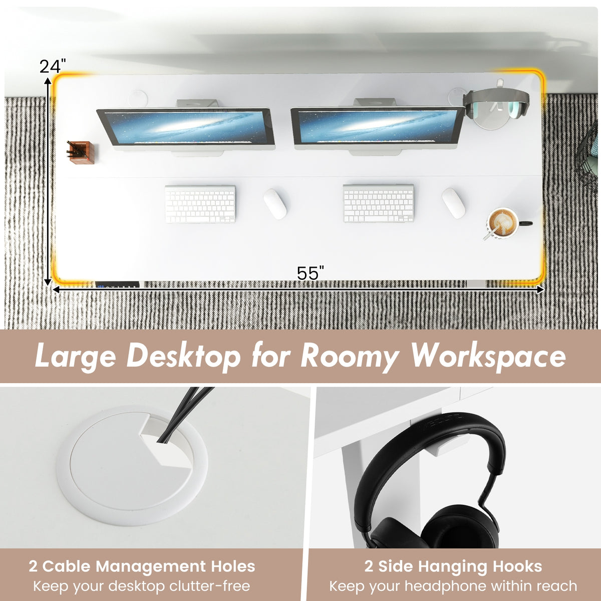 55 x 24 Inches Sit Stand Home Office Desk with 3 Memory Height Settings-White-Standing Desks-DECOROLALA