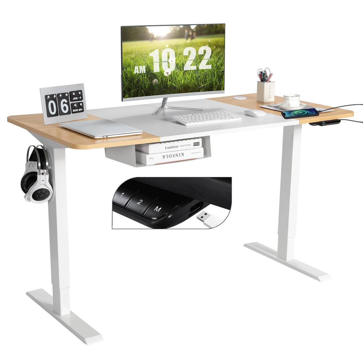 55 x 28 Inch Electric Adjustable Sit to Stand Desk with USB Port-Natural-Standing Desks-DECOROLALA
