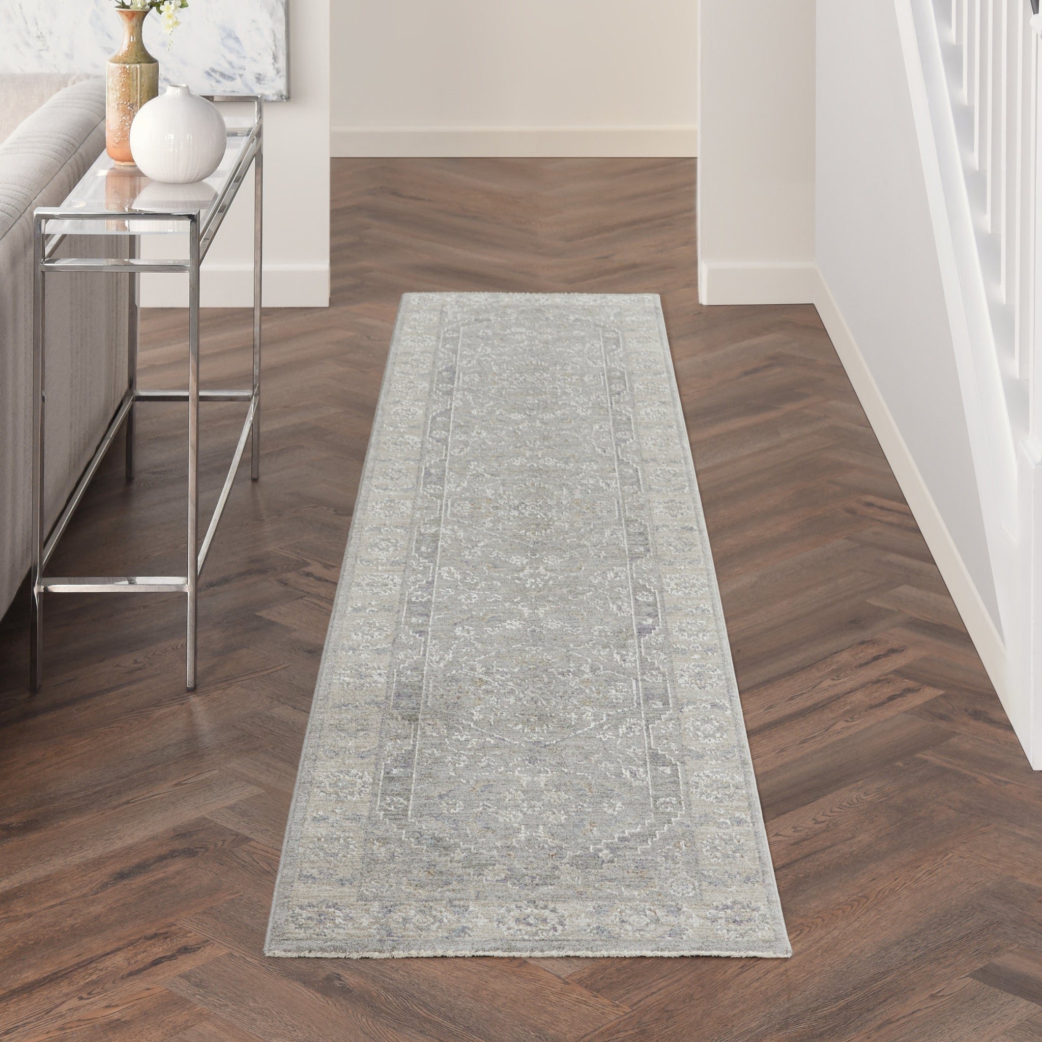 10' Gray Floral Runner Rug-4