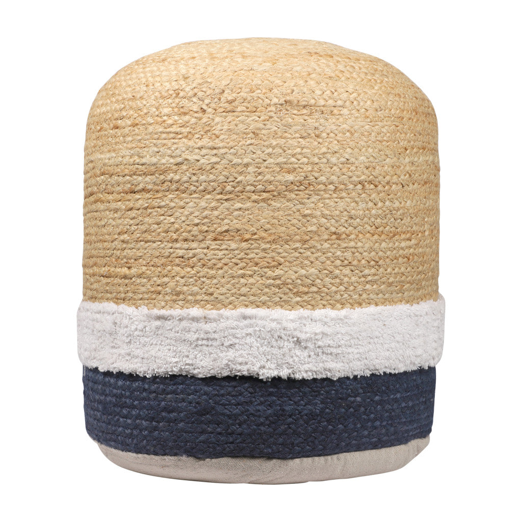 18" Natural And Navy Blue Jute Blend Cylinder Striped Pouf Ottoman-1