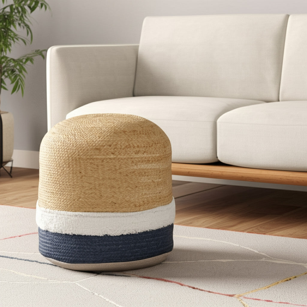18" Natural And Navy Blue Jute Blend Cylinder Striped Pouf Ottoman-0
