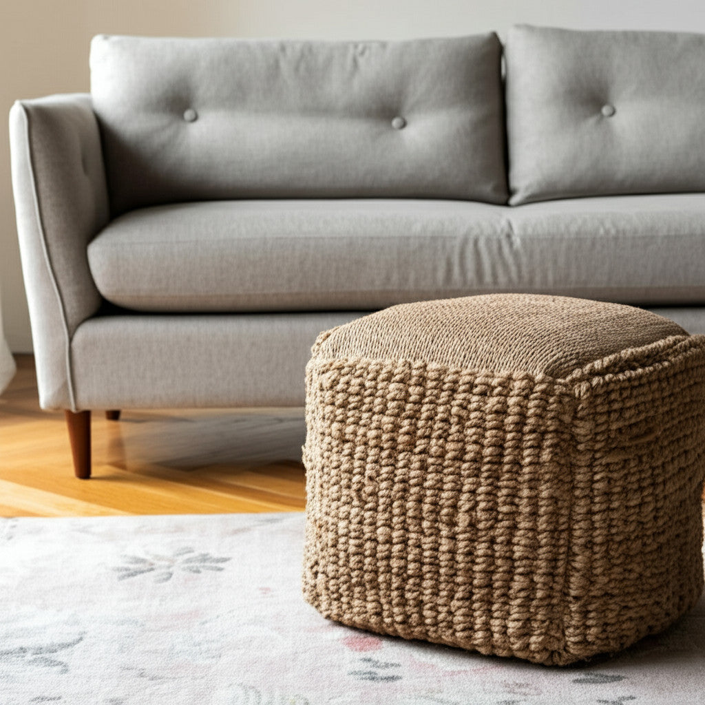 18" Natural Jute Blend Cube Pouf Ottoman-0